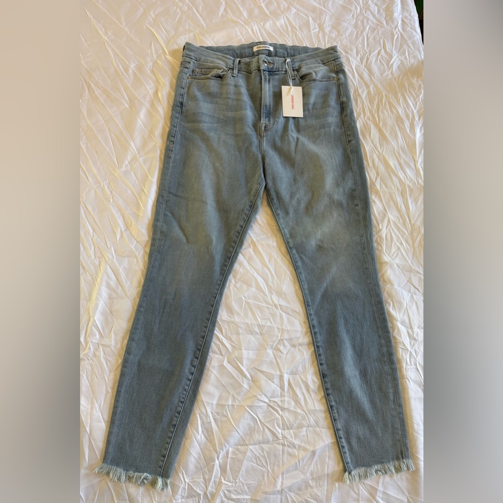 Good American Good waist Skinny Jeans raw fringe hem indigo color size 14 womens